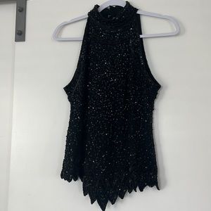 Vintage Beaded Sleeveless Halter Top Silk Black MEDIUM Fancy Embellished
